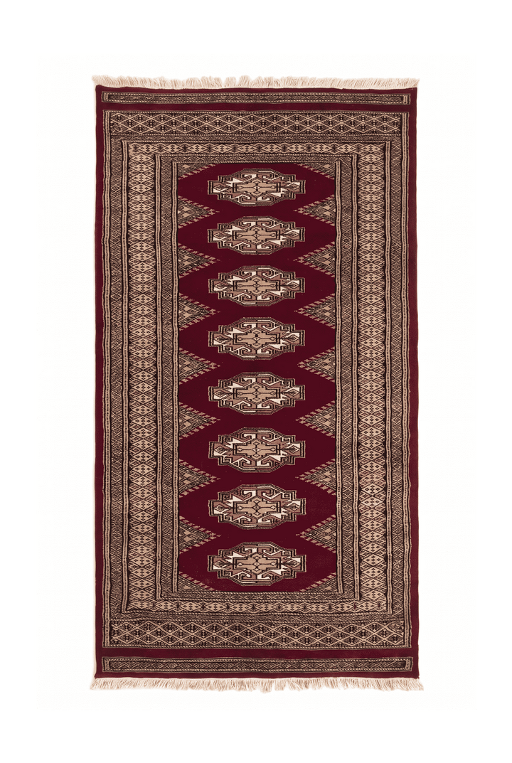Wine red and beige Yamoud hand-knotted wool rug, 68×162cm, entrance mat size