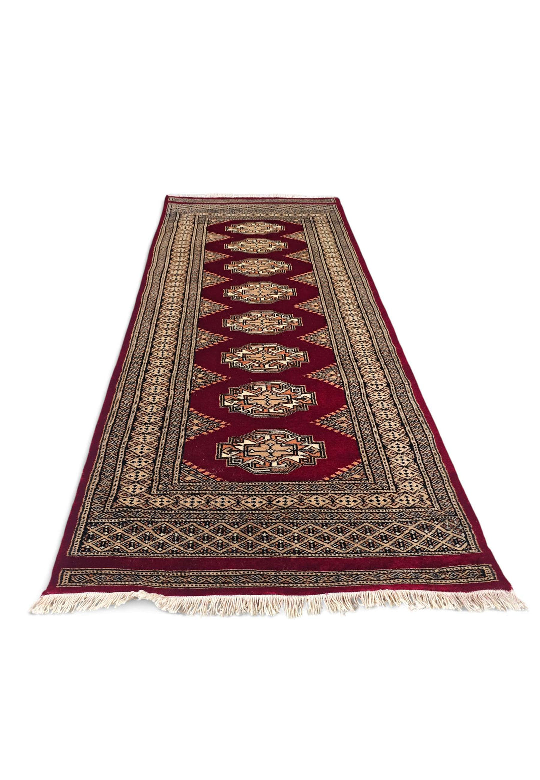 Border detail of wine red and beige hand-knotted Yamoud rug