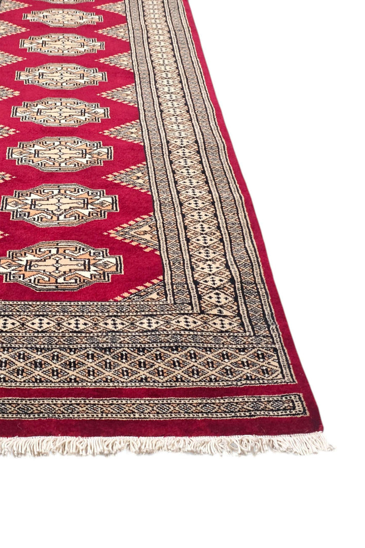 Wine red and beige hand-knotted Yamoud wool rug, 68×162cm