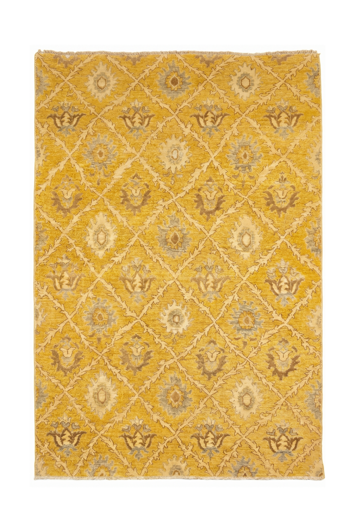 Goldenrod Trellis Gabbeh, Hand-Knotted Afghan Wool &amp; Silk Rug
