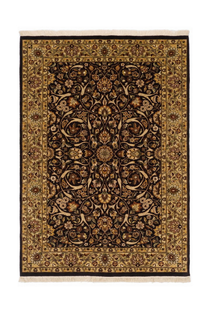 Decorative rug with intricate patterns on a beige background