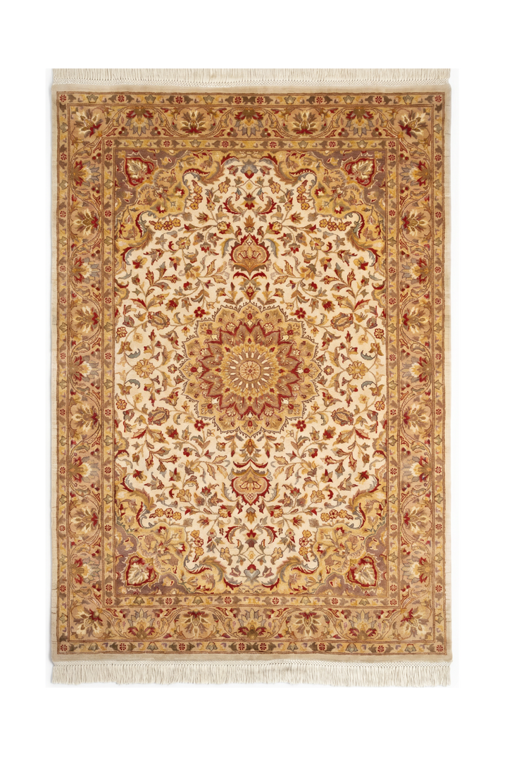 Ivory Medallion Tabriz, Hand-Knotted Pakistani Silk Rug