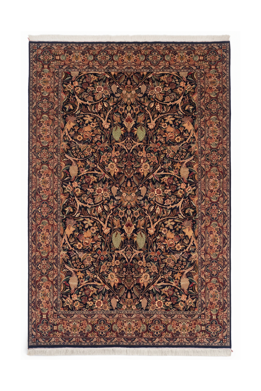 Decorative rug with intricate patterns on a plain background