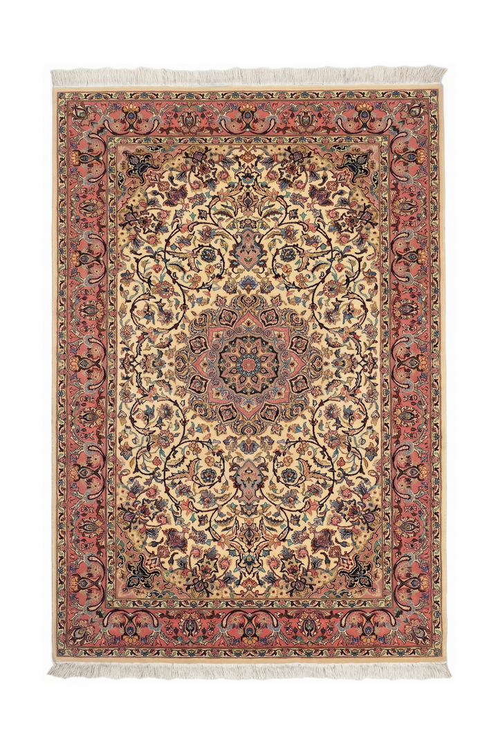 Rose &amp; Ivory Medallion Tabriz, Hand-Knotted Pakistani Wool Rug