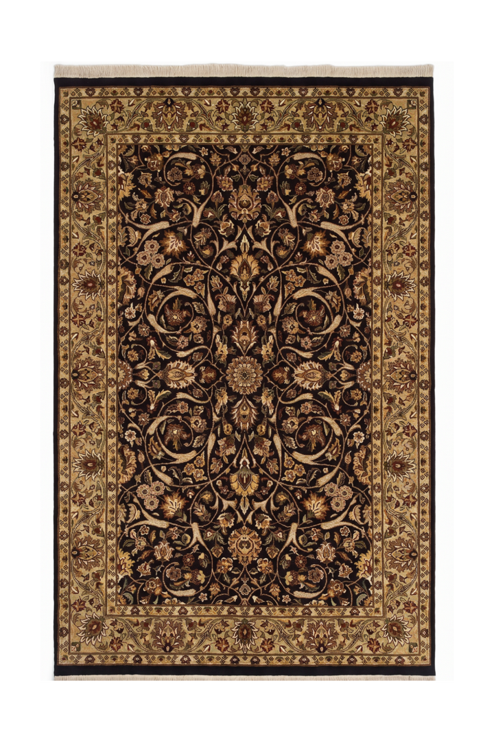 Ebony &amp; Gold All-Over Floral, Hand-Knotted Pakistani Wool Rug
