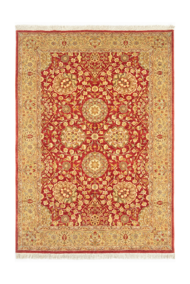 Pomegranate &amp; Gold Floral, Hand-Knotted Pakistani Wool Rug