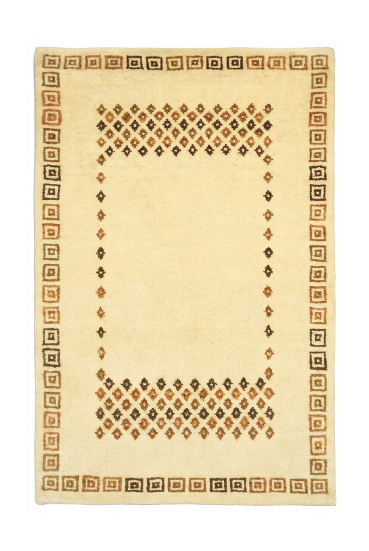 Ivory Diamond Loribaf, Hand-Knotted Indian Wool Rug
