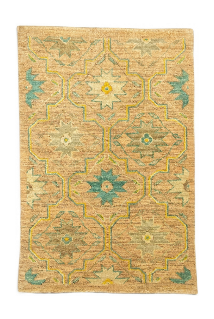 Gold &amp; Green Floral Gabbeh, Hand-Knotted Afghan Wool Rug