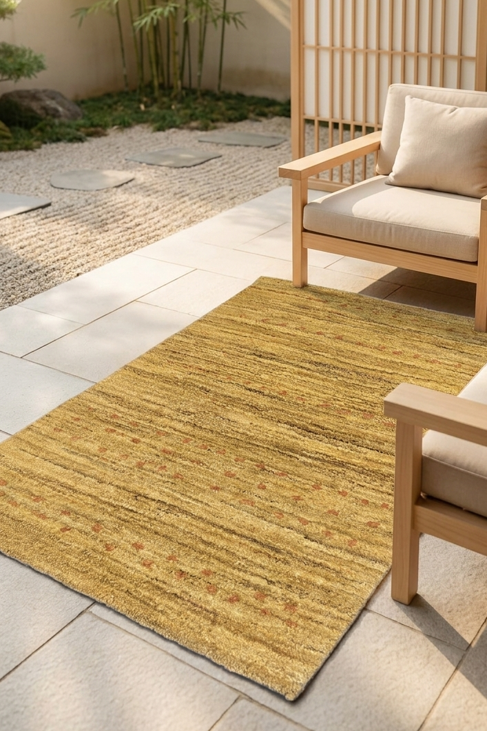 Wheat Gold Gabbeh with Rust Flecks, Hand-Knotted Afghan Wool Rug