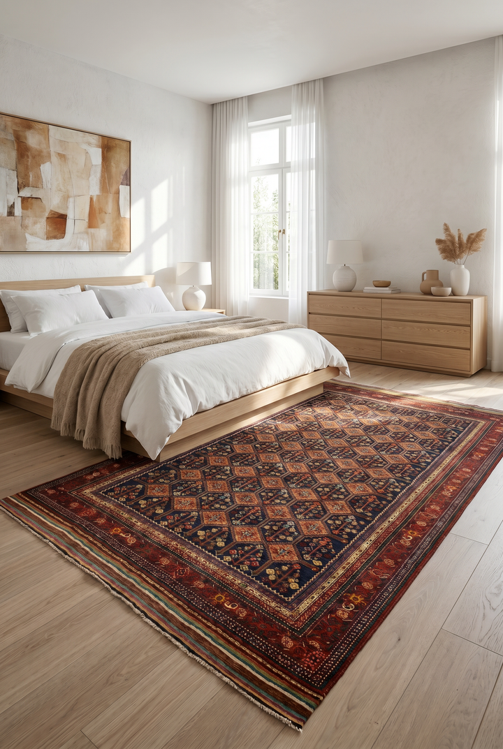 Navy &amp; Red Garden Lattice Rug, Hand-Knotted Afghani Sherwan