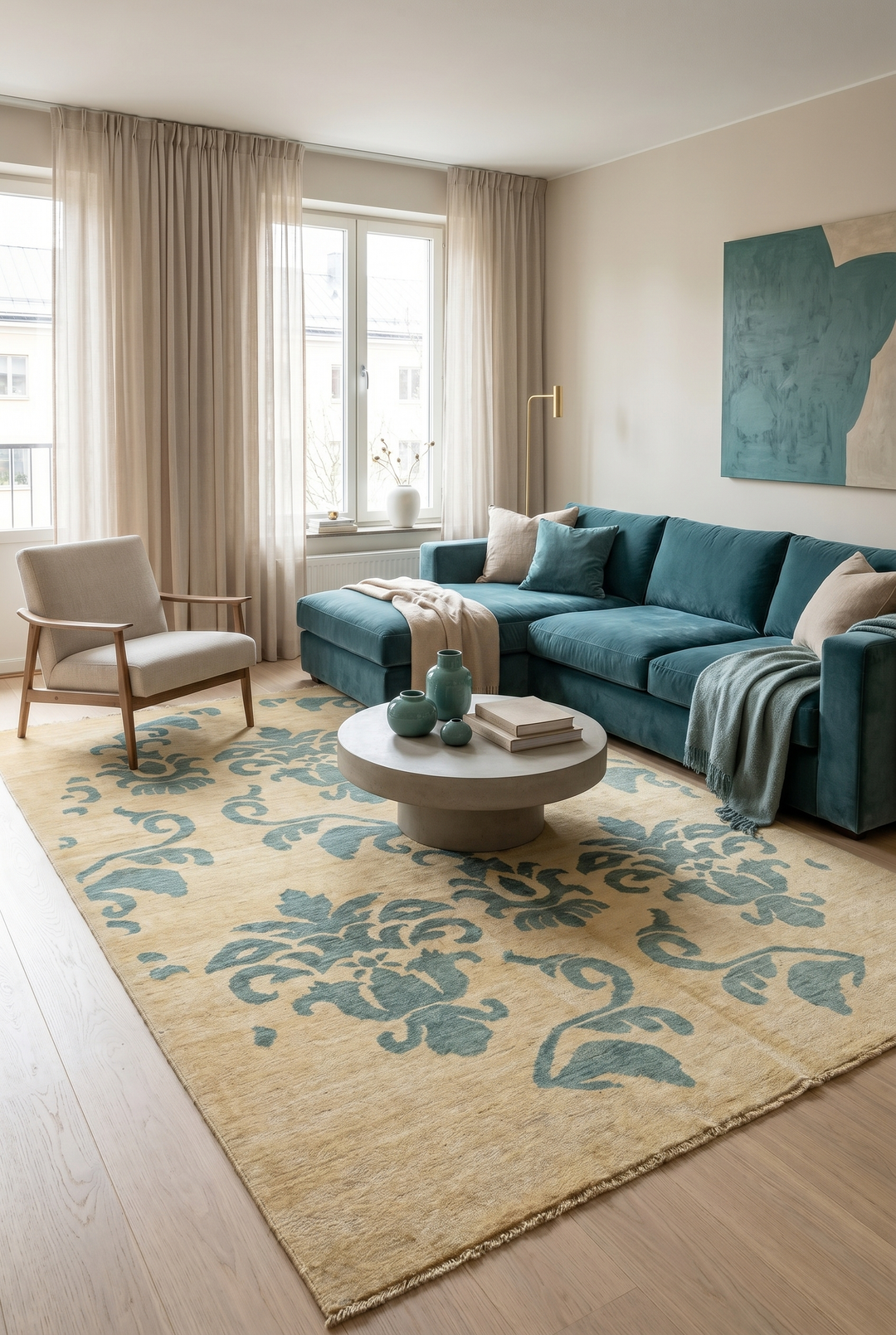 Ivory &amp; Sage Damask Ghazni, Hand-Knotted Afghan Wool Rug
