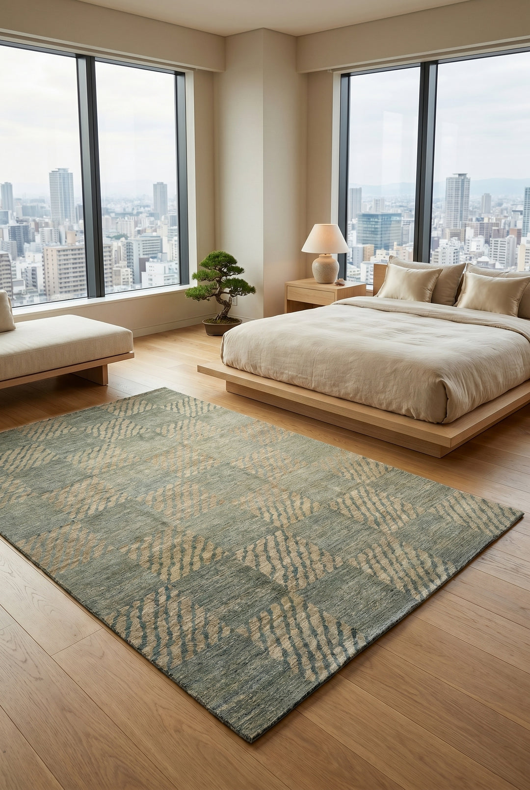 Sage Green Checkerboard Ghazni, Hand-Knotted Afghan Wool Rug