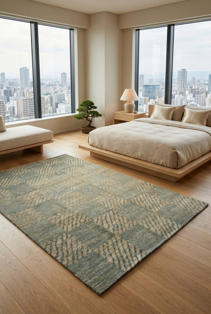 Sage Green Checkerboard Ghazni, Hand-Knotted Afghan Wool Rug