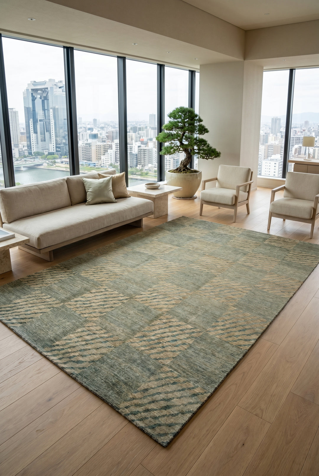 Sage Green Checkerboard Ghazni, Hand-Knotted Afghan Wool Rug