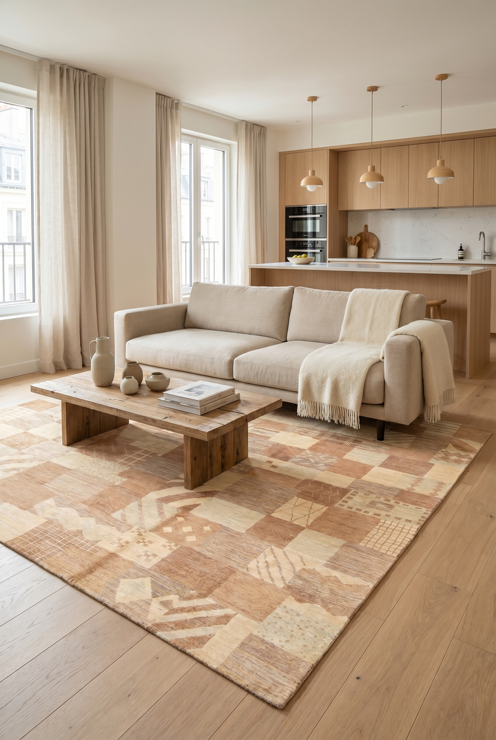 Earth-Tone Patchwork Ghazni, Hand-Knotted Afghan Wool Rug