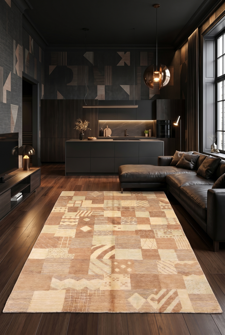 Earth-Tone Patchwork Ghazni, Hand-Knotted Afghan Wool Rug