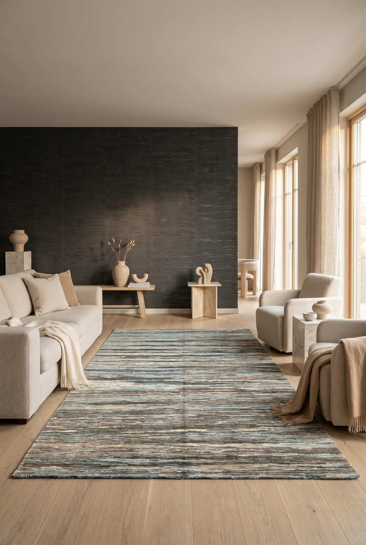 Variegated Teal &amp; Brown Stripe Ghazni, Hand-Knotted Afghan Wool Rug