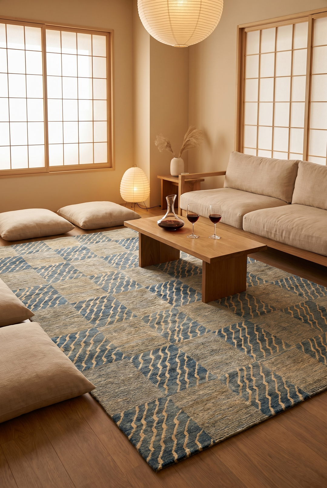 Blue &amp; Cream Checkerboard Ghazni, Hand-Knotted Afghan Wool Rug