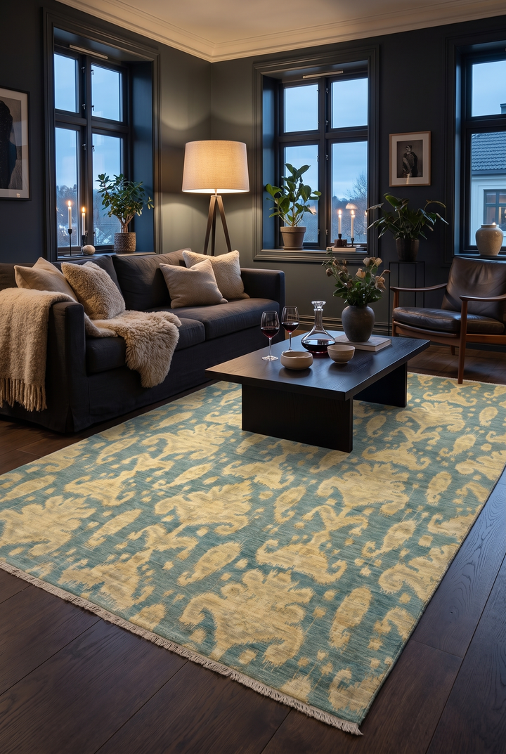 Blue &amp; Gold Ikat Ghazni, Hand-Knotted Afghan Wool Rug