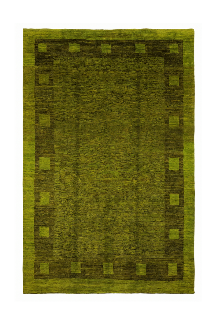 Olive Green Block-Border Ghazni, Hand-Knotted Afghan Wool Rug