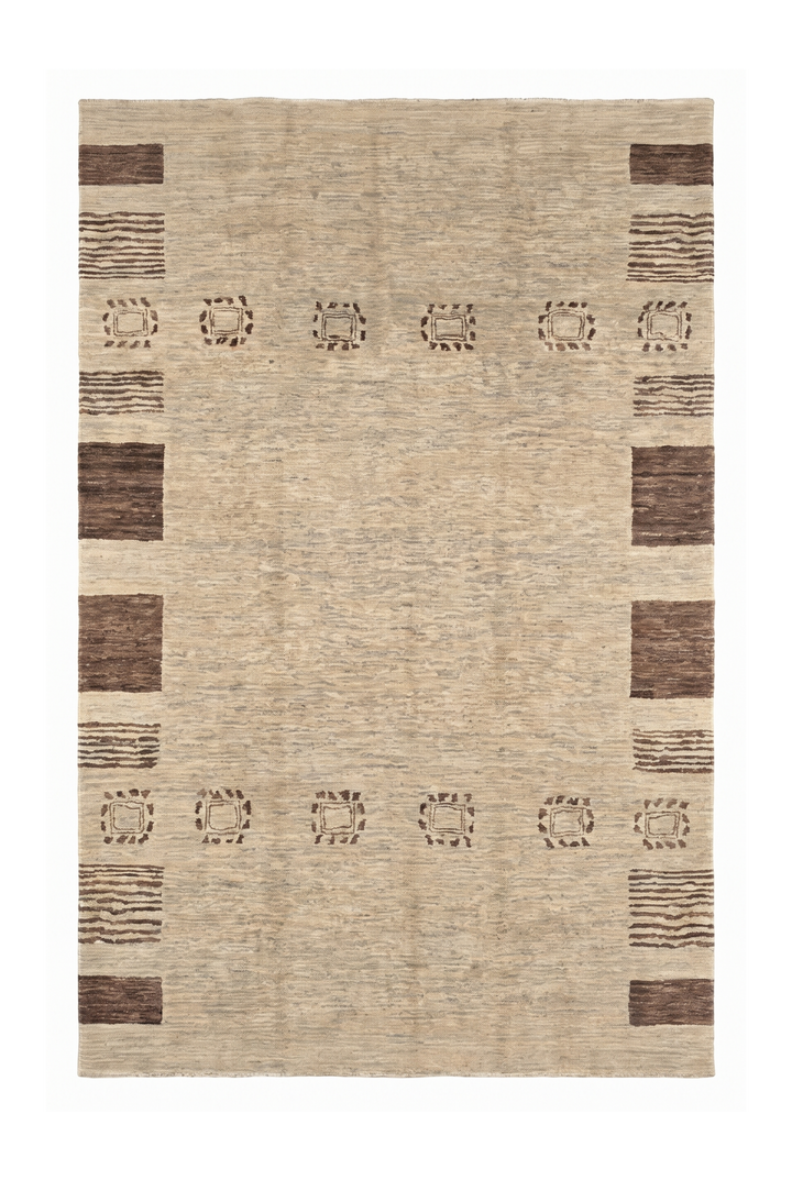 Natural Beige Tribal-Border Ghazni, Hand-Knotted Afghan Wool Rug