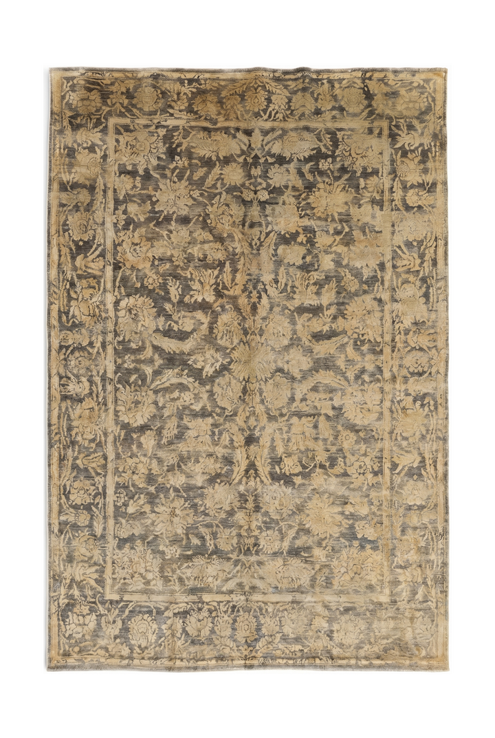 Charcoal &amp; Gold Floral Ghazni, Hand-Knotted Afghan Wool &amp; Silk Rug