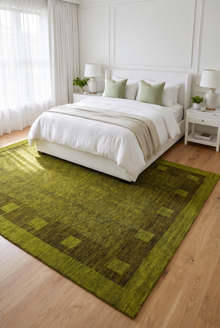 Olive Green Block-Border Ghazni, Hand-Knotted Afghan Wool Rug