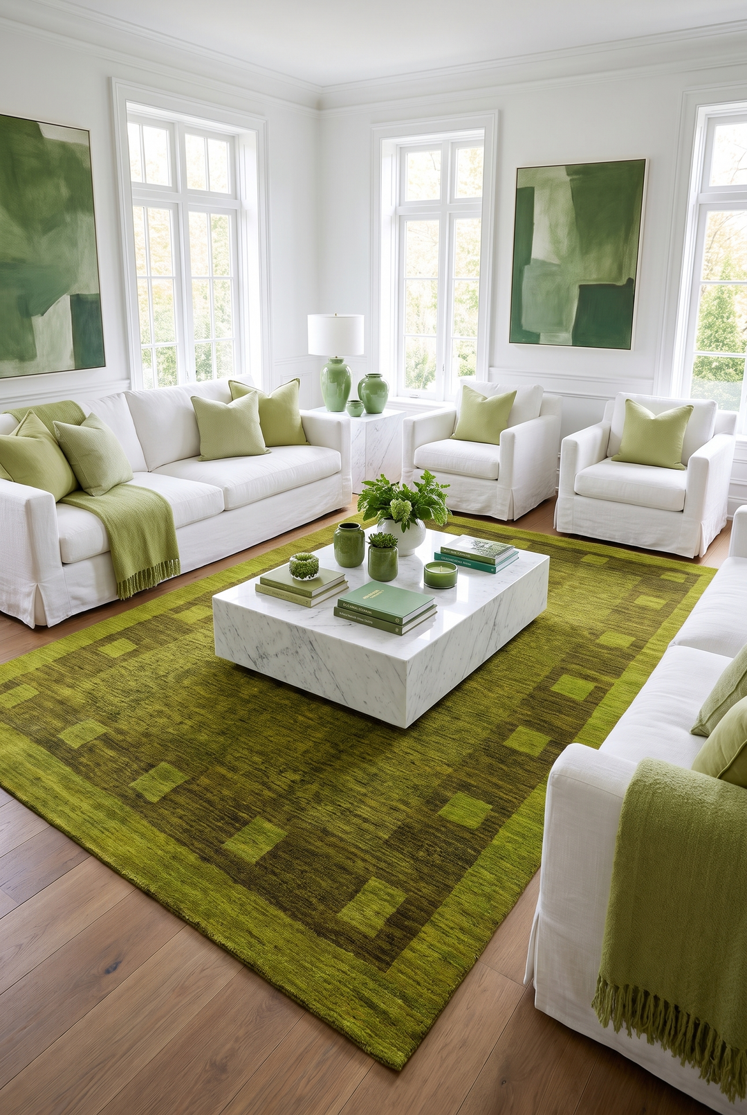 Olive Green Block-Border Ghazni, Hand-Knotted Afghan Wool Rug
