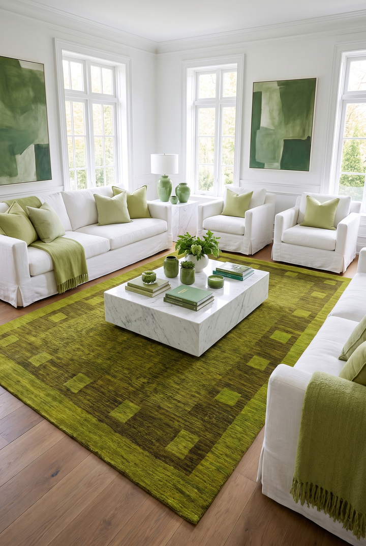 Olive Green Block-Border Ghazni, Hand-Knotted Afghan Wool Rug