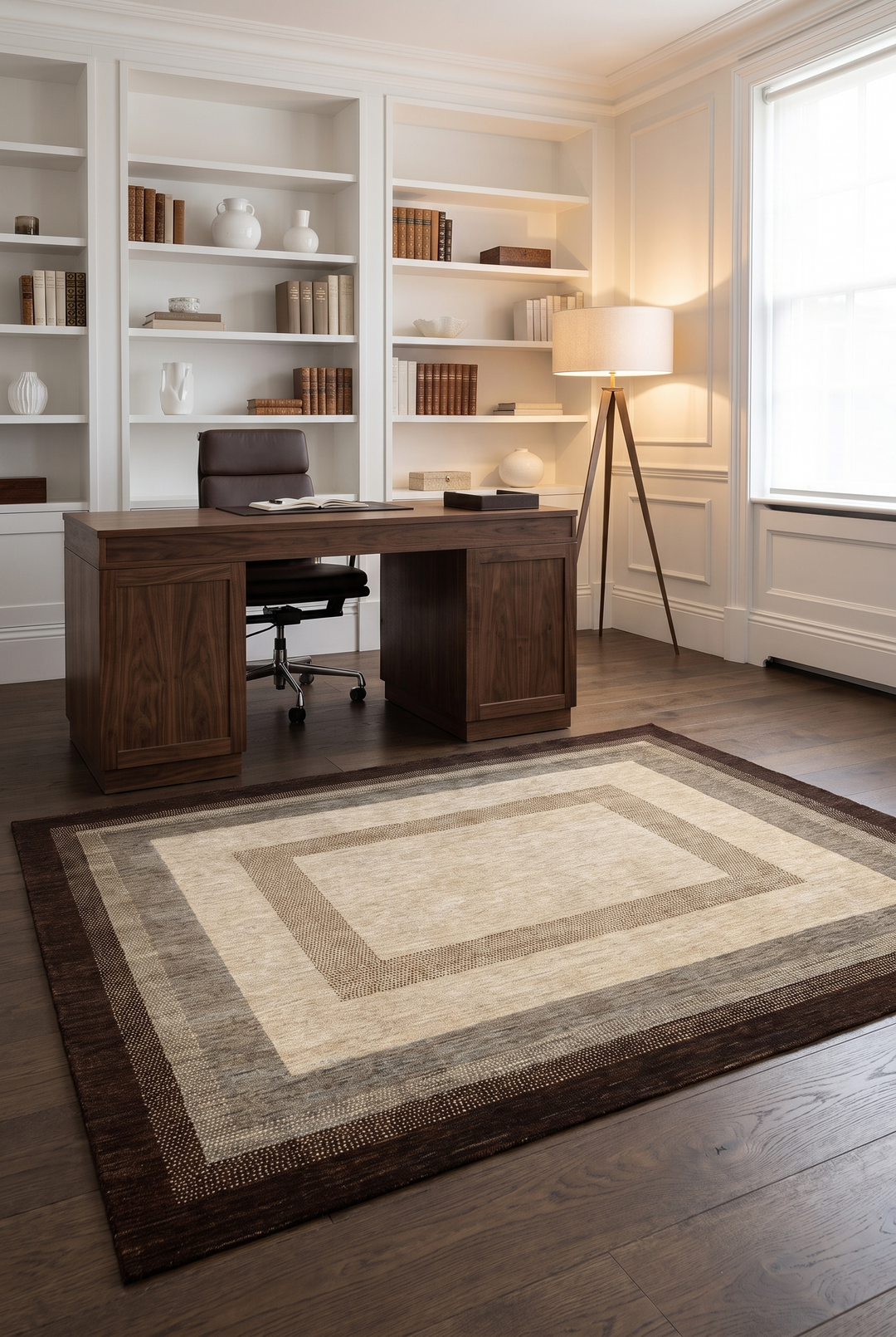 Cream &amp; Brown Graduated Border Ghazni, Hand-Knotted Afghan Wool Rug