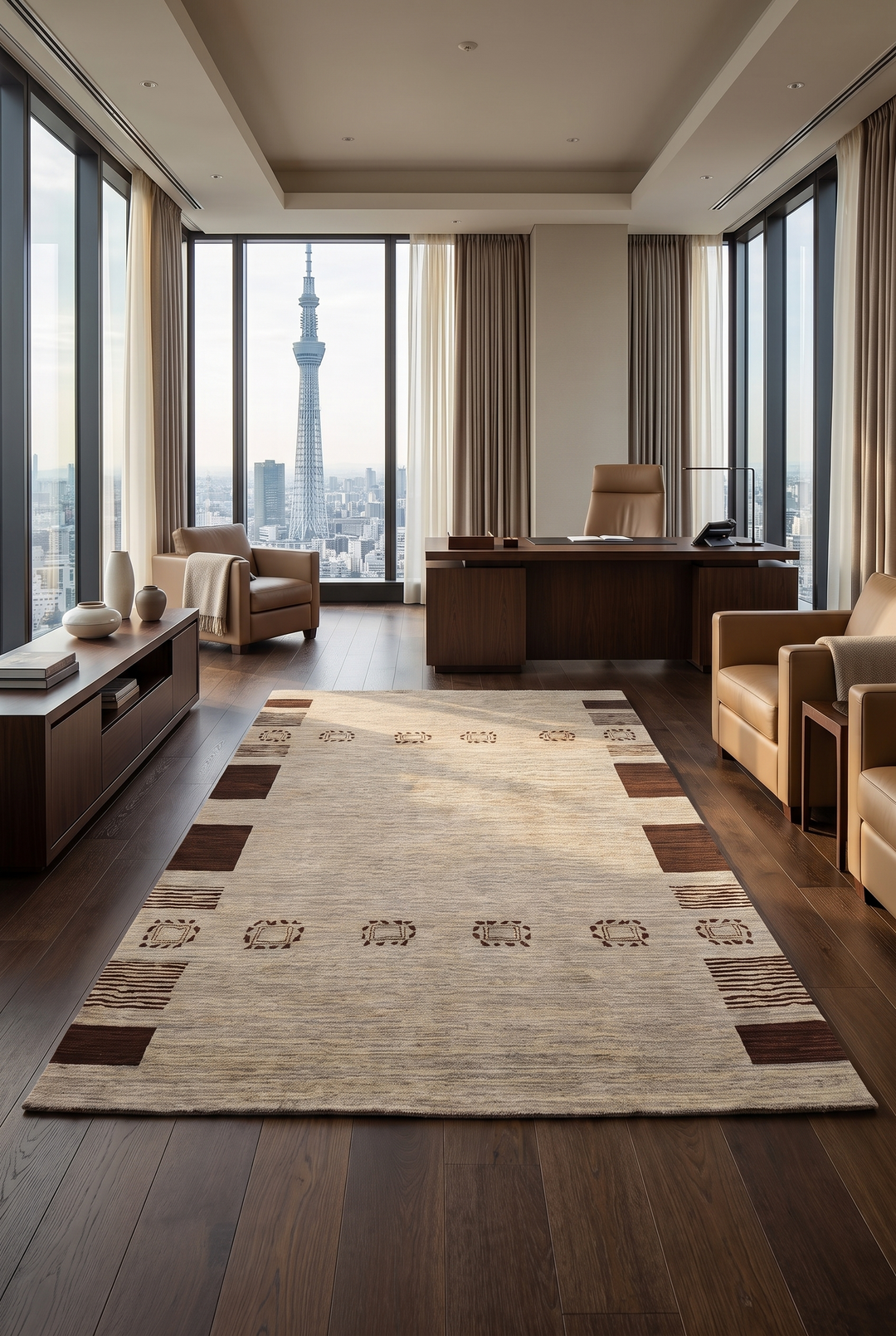 Greige Tribal-Border Ghazni, Hand-Knotted Afghan Wool Rug