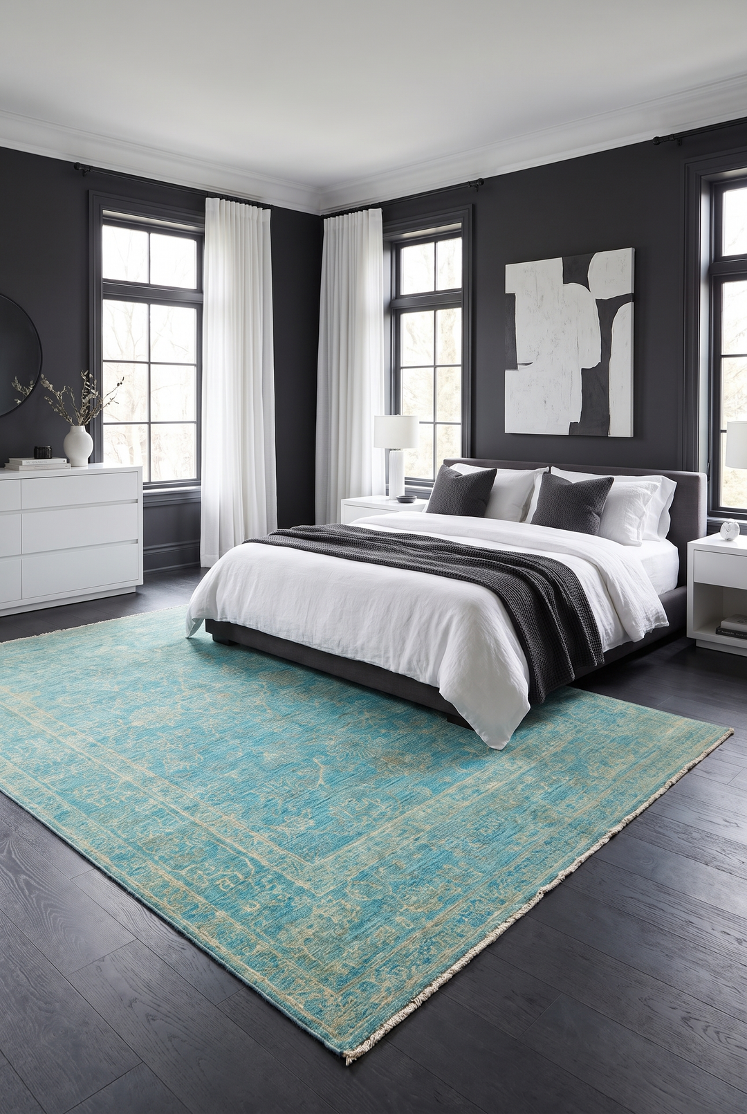 Turquoise Floral Ghazni, Hand-Knotted Afghan Wool &amp; Silk Rug