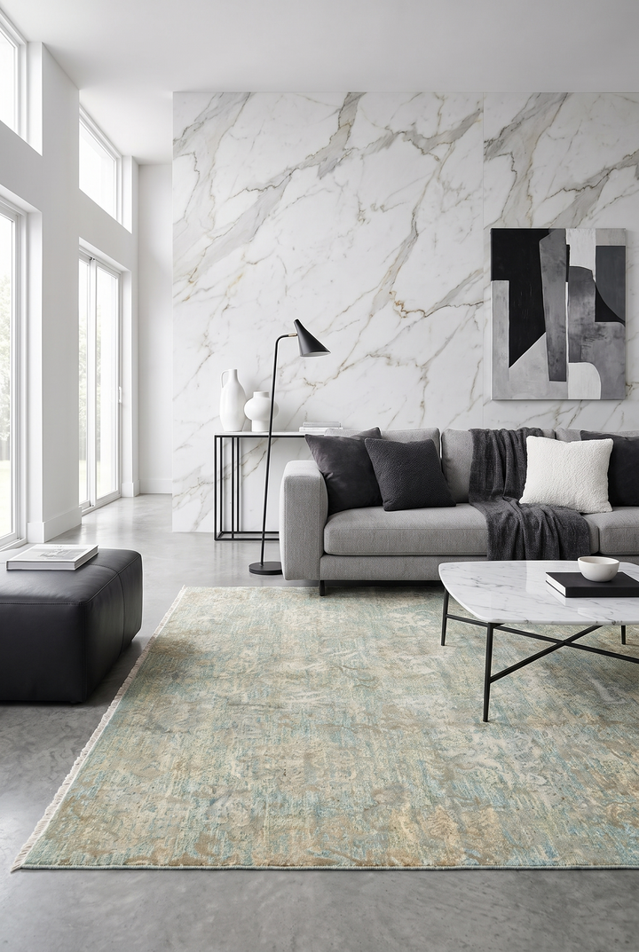 Sage Green Floral Ghazni, Hand-Knotted Afghan Wool &amp; Silk Rug
