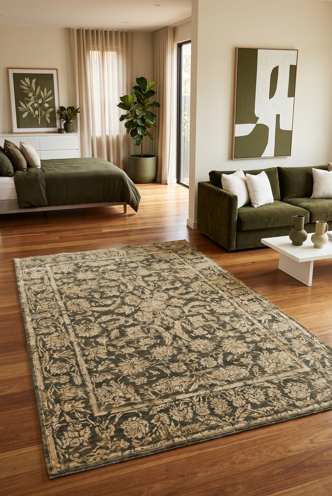 Charcoal &amp; Gold Floral Ghazni, Hand-Knotted Afghan Wool &amp; Silk Rug