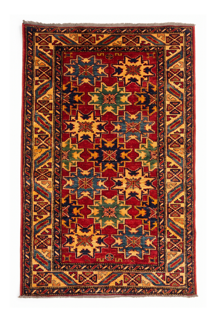 Red Lesghi Star Kazak Rug, Hand-Knotted Afghan Wool