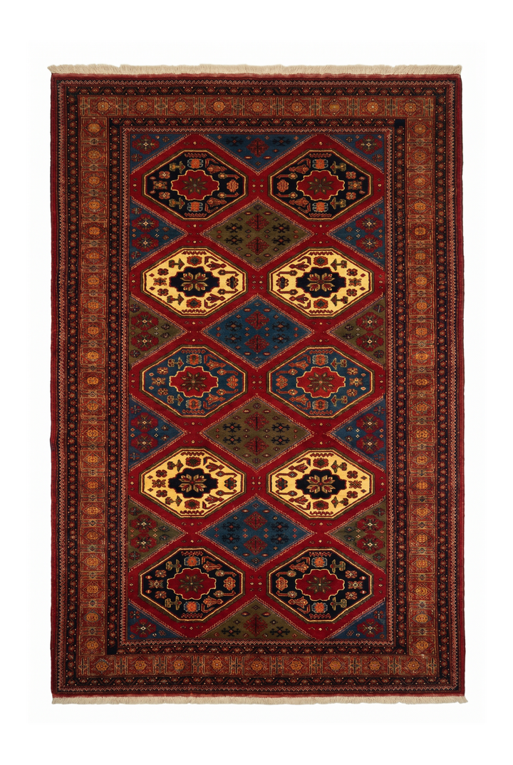 Burgundy &amp; Gold Compartment Rug, Hand-Knotted Afghani Sherwan
