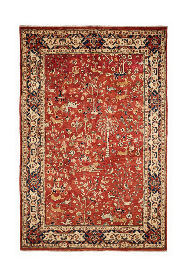 Red Shikargah Hunting Ghazni, Hand-Knotted Afghan Wool Rug