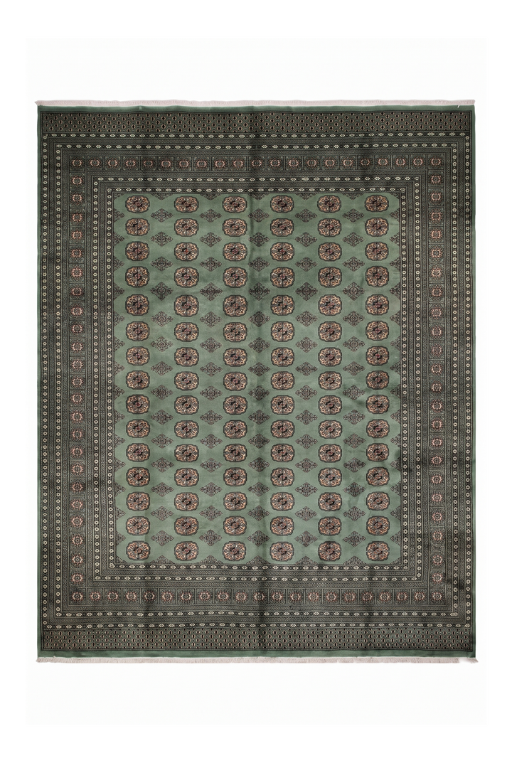Sage Green Turkmen Gül Bokhara Square Rug, Hand-Knotted Pakistani Wool