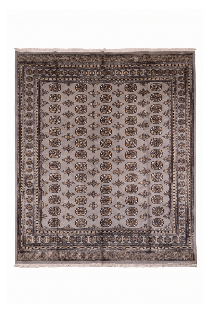 Warm Grey Turkmen Gül Bokhara Square Rug, Hand-Knotted Pakistani Wool
