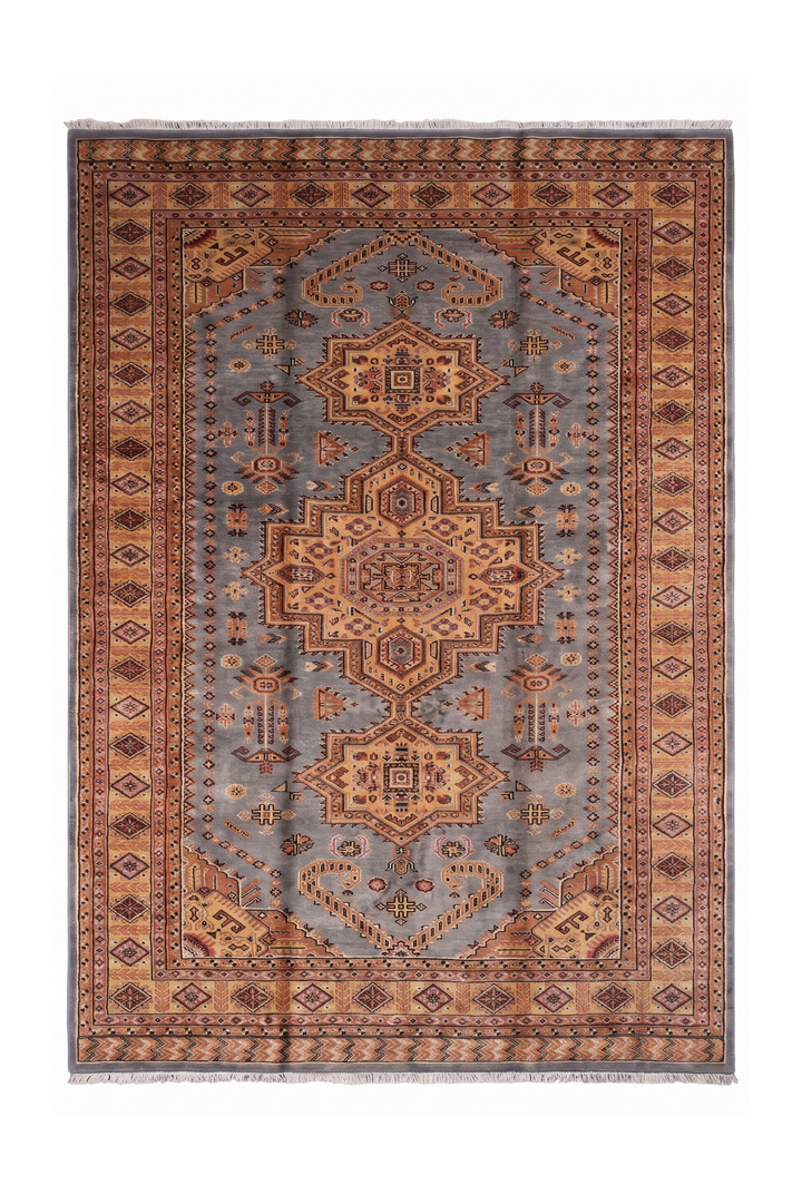 Grey &amp; Gold Tribal Medallion Jaldar Rug, Hand-Knotted Pakistani Wool &amp; Silk