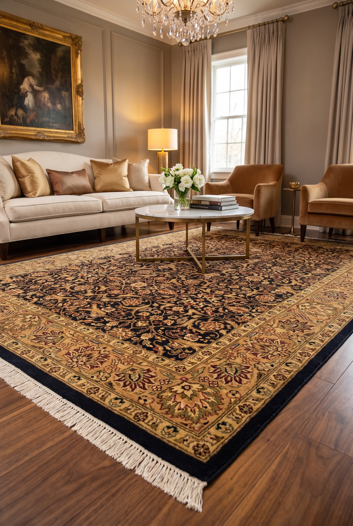 Onyx &amp; Gold All-Over Floral, Hand-Knotted Pakistani Wool Rug