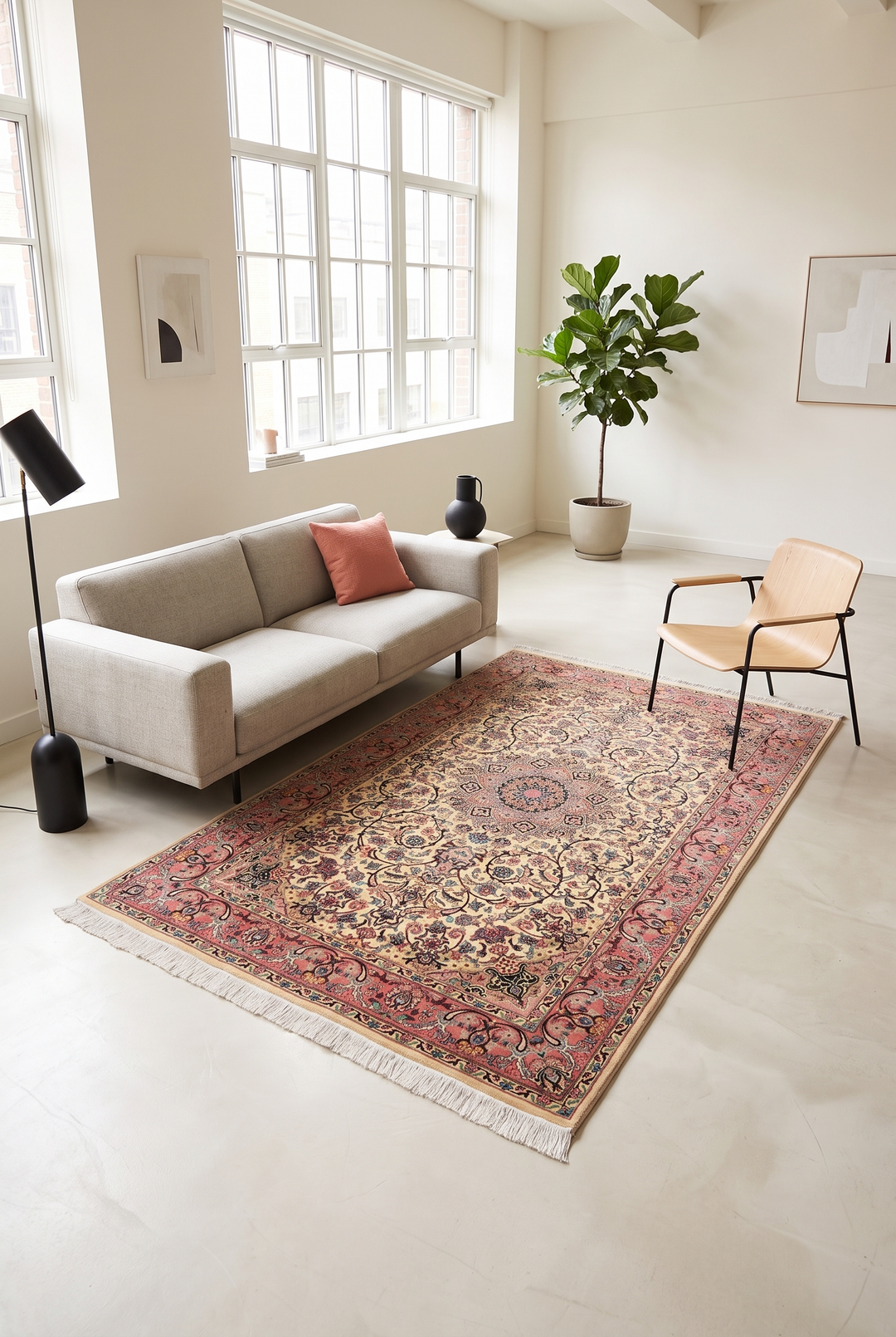 Rose &amp; Ivory Medallion Tabriz, Hand-Knotted Pakistani Wool Rug
