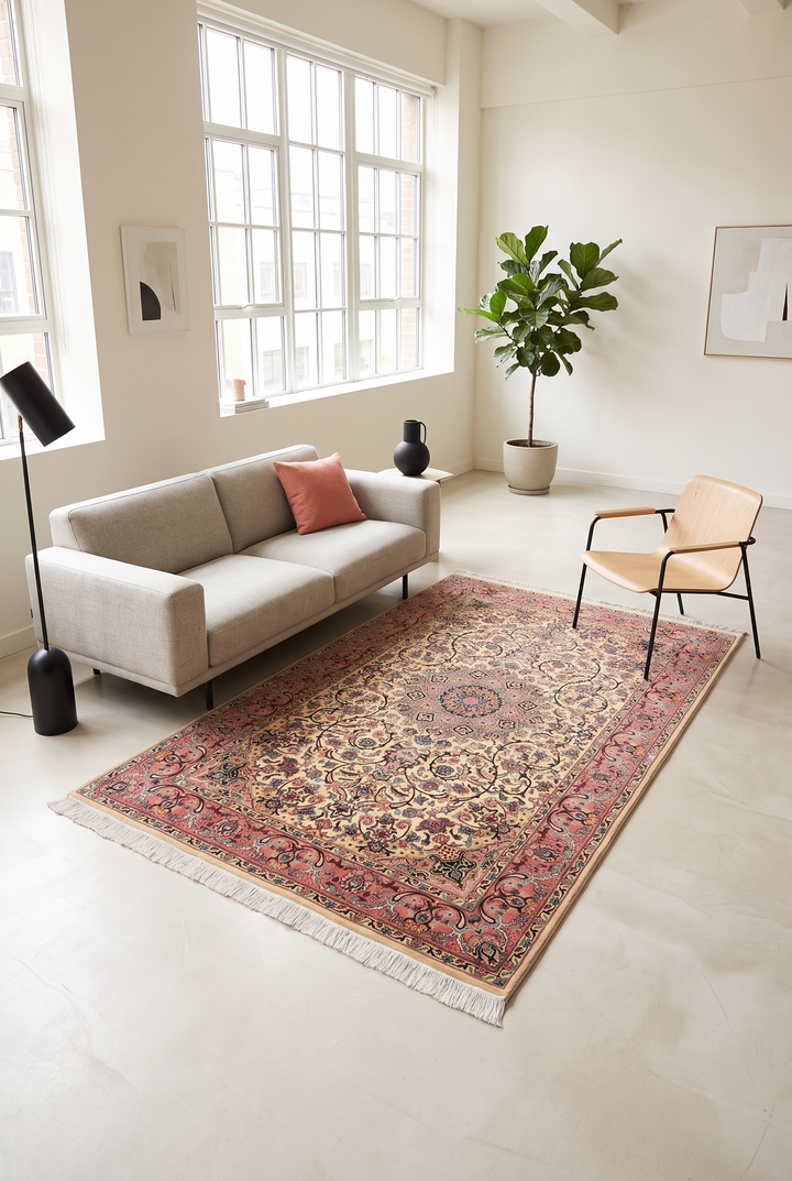 Rose &amp; Ivory Medallion Tabriz, Hand-Knotted Pakistani Wool Rug