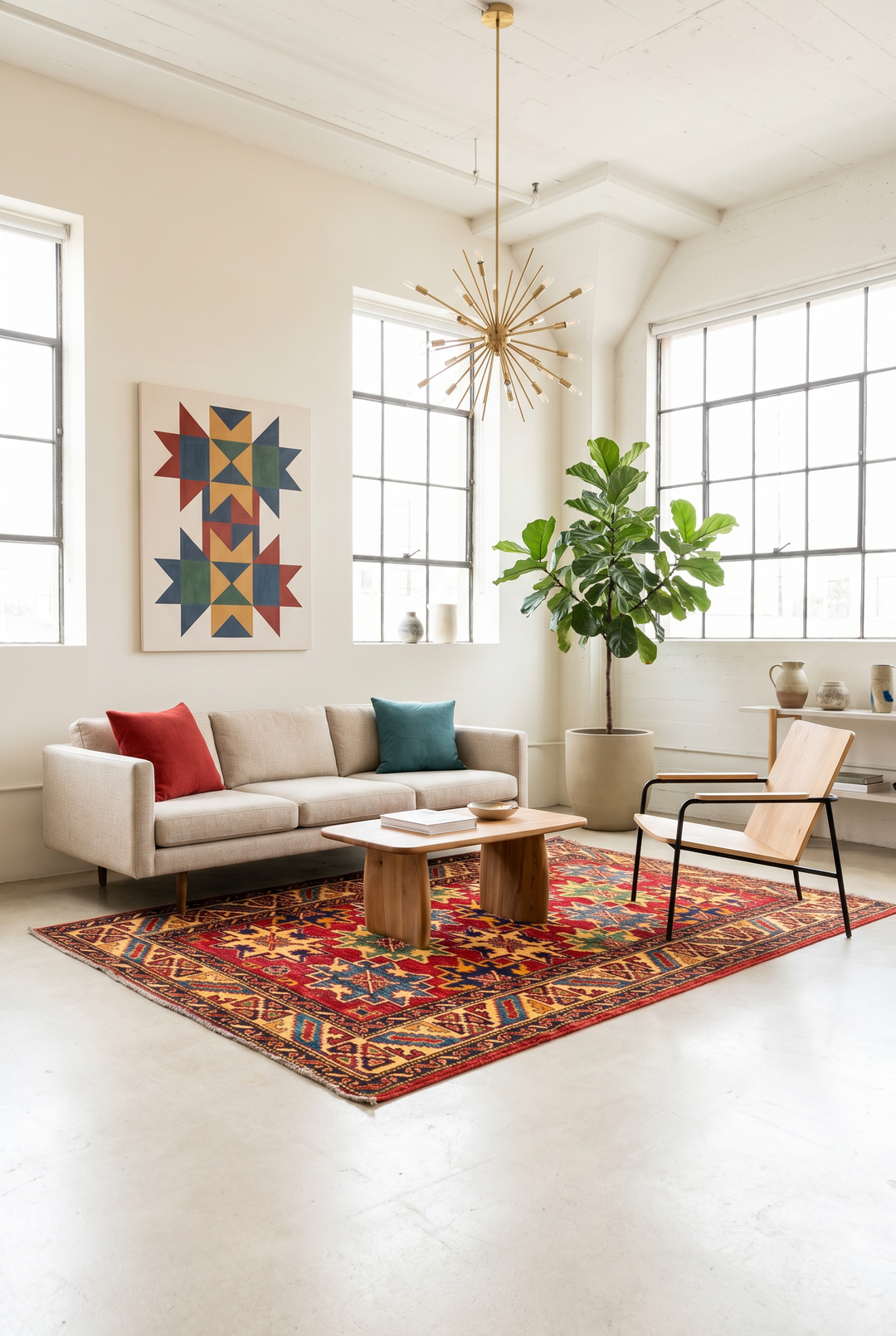Red Lesghi Star Kazak Rug, Hand-Knotted Afghan Wool