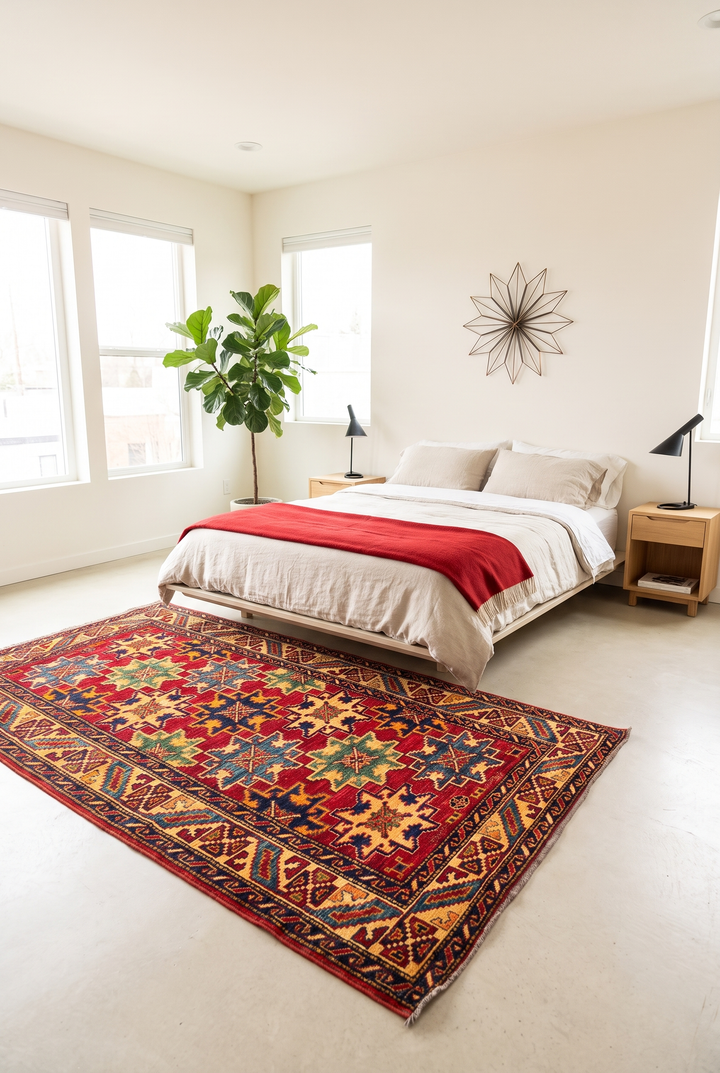 Red Lesghi Star Kazak Rug, Hand-Knotted Afghan Wool