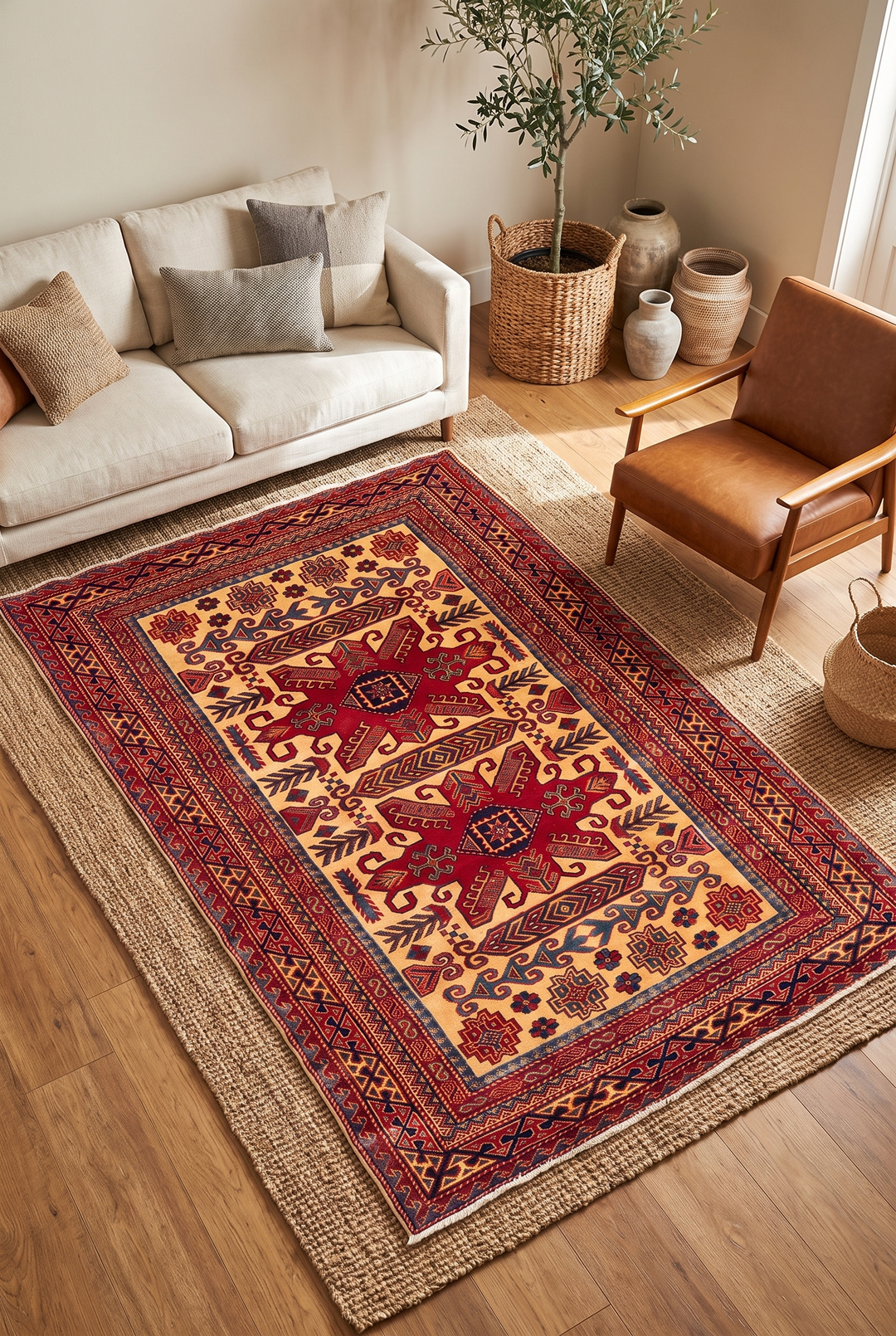 Gold &amp; Red Tribal Star Rug, Hand-Knotted Afghani Sherwan