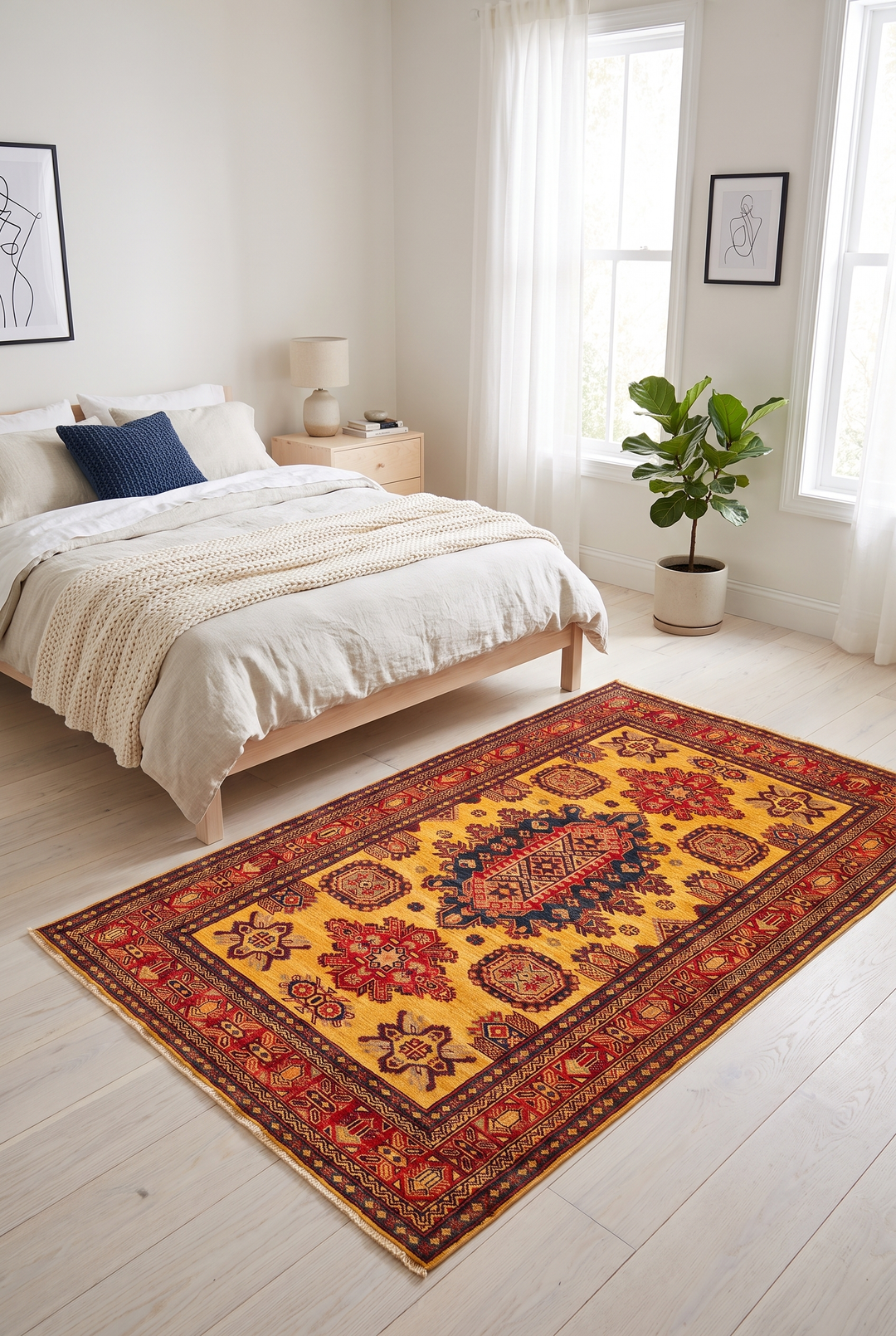Marigold Tribal Medallion Rug, Hand-Knotted Afghani Sherwan