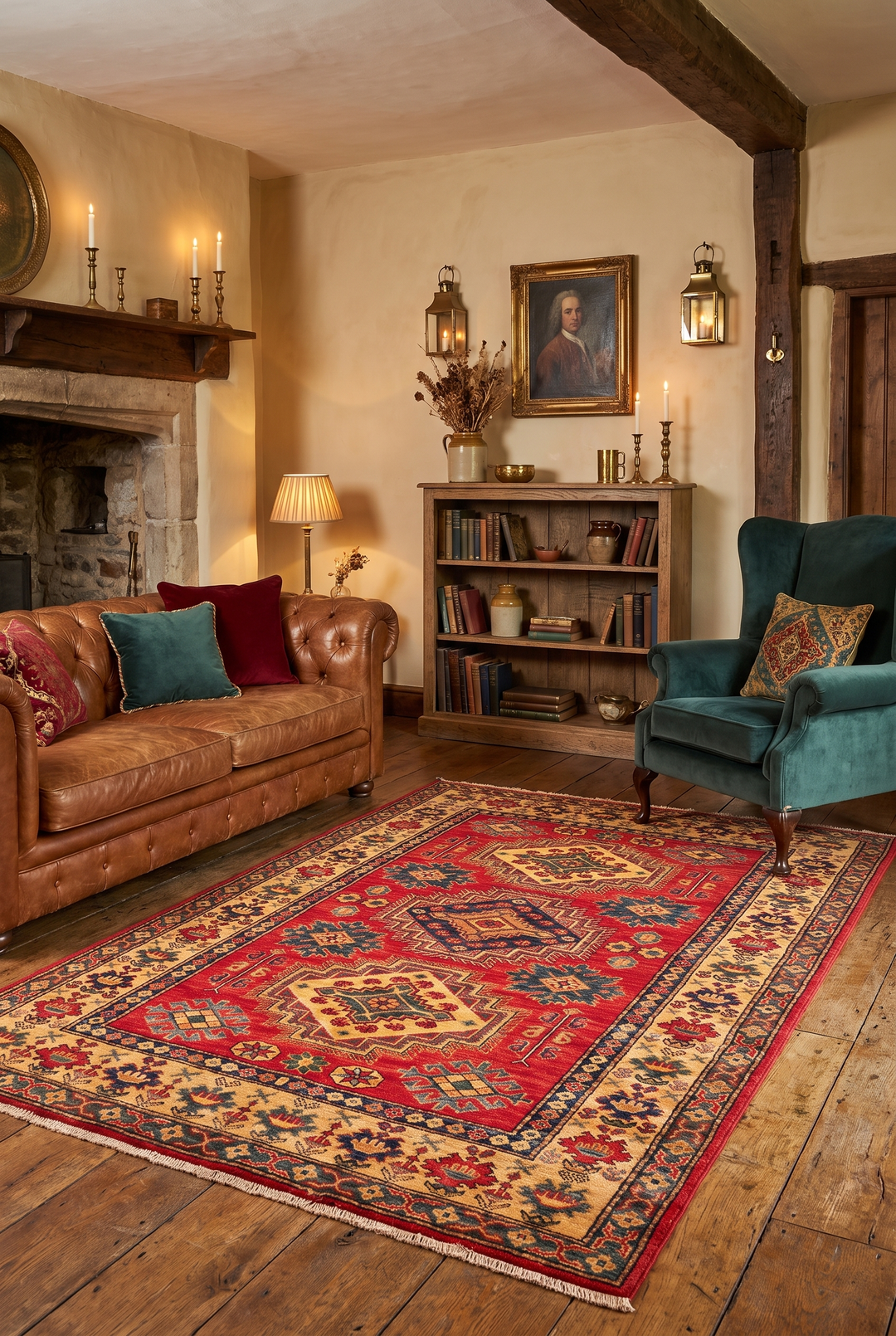 Red &amp; Gold Medallion Kazak Rug, Hand-Knotted Afghan Wool