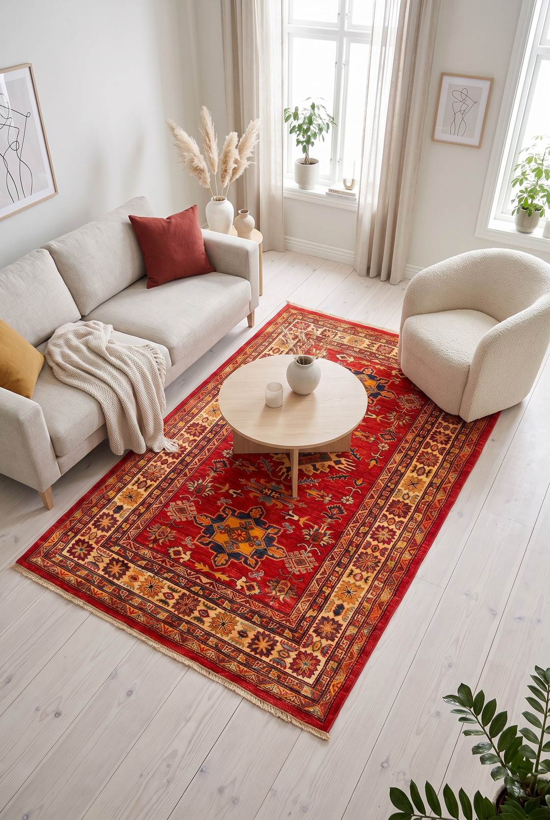 Red &amp; Gold Star Kazak Rug, Hand-Knotted Afghan Wool