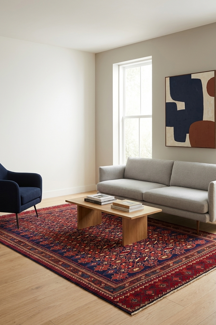 Indigo &amp; Red All-Over Floral Rug, Hand-Knotted Afghani Sherwan